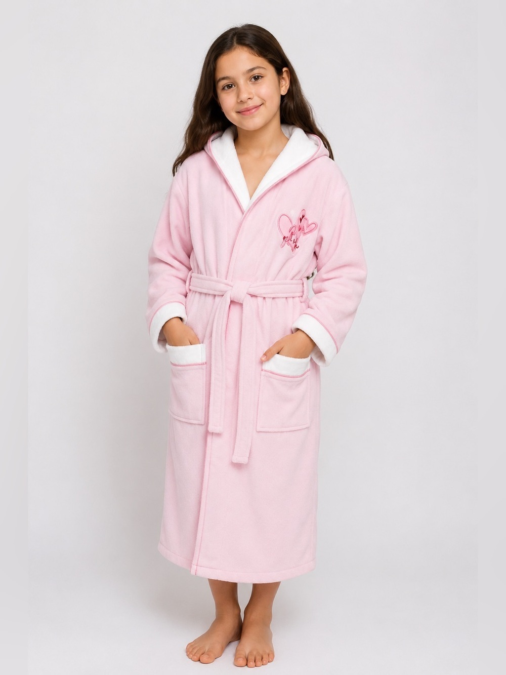 Kids Pink Bathrobe 100% Cotton Hooded Soft Lined Robe Cozy 7-9Y